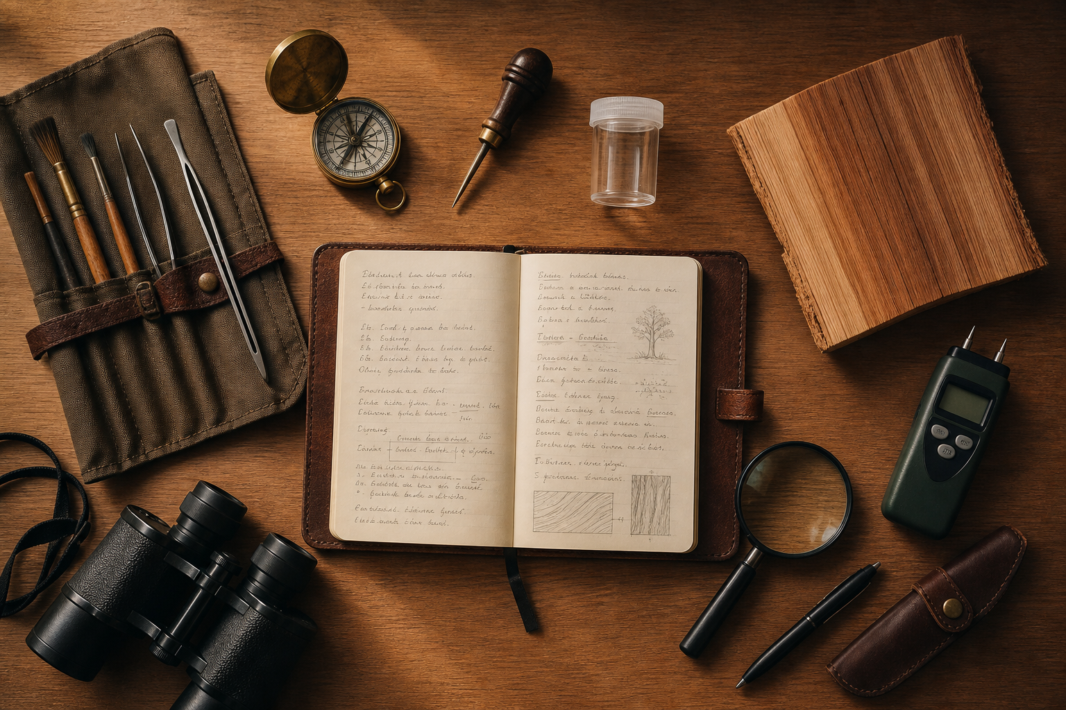Entomologist field kit with magnifying glass, notebook, and wood samples