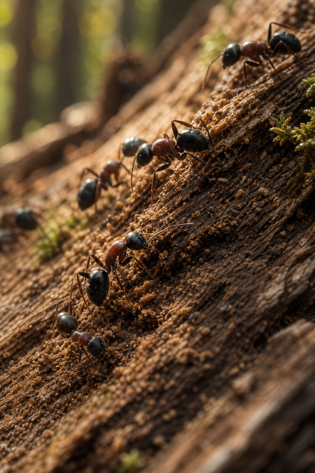 Macro photograph of carpenter ants on Pacific Northwest wood grain