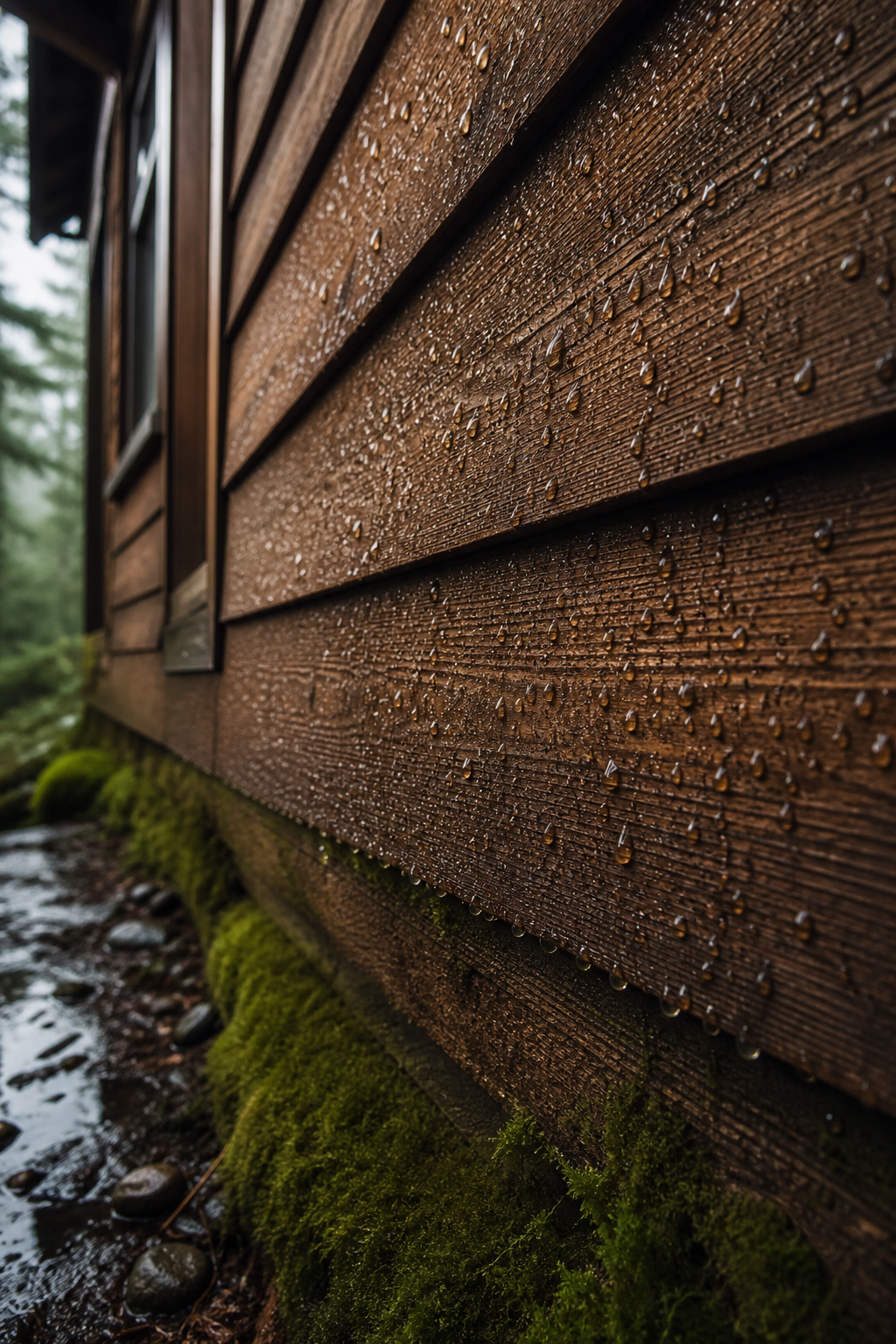 Rain droplets on cedar siding with moss near foundation
