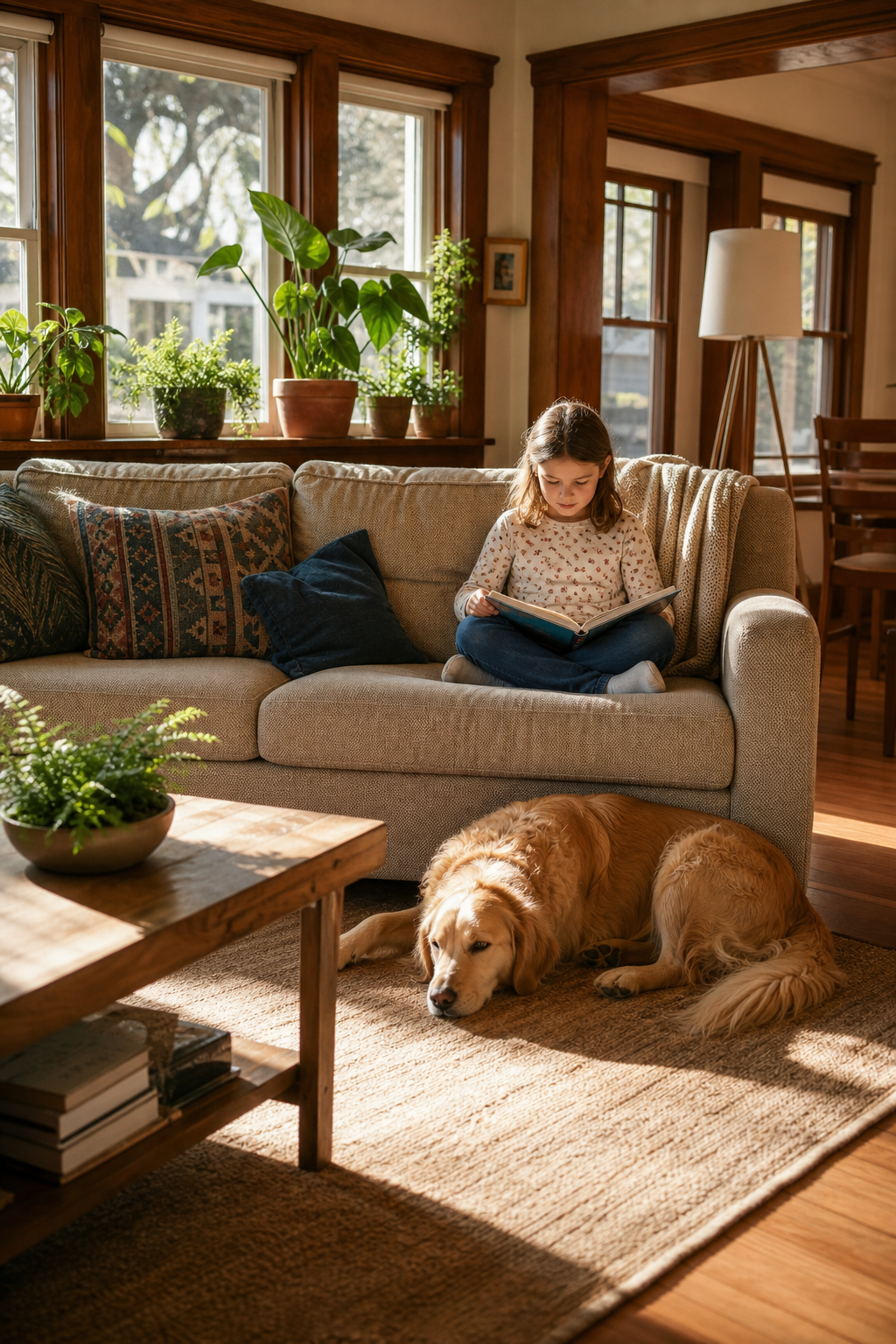 Warm interior with child and pet in sunlit Portland home