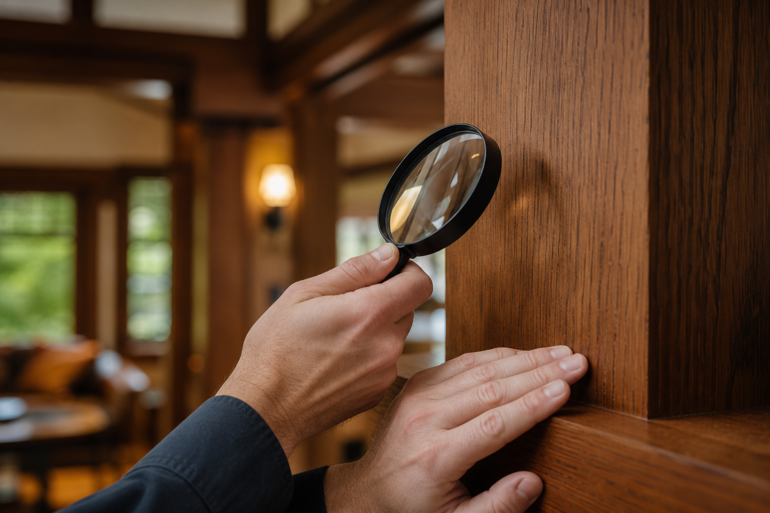 Licensed entomologist inspecting wood grain with magnifying glass